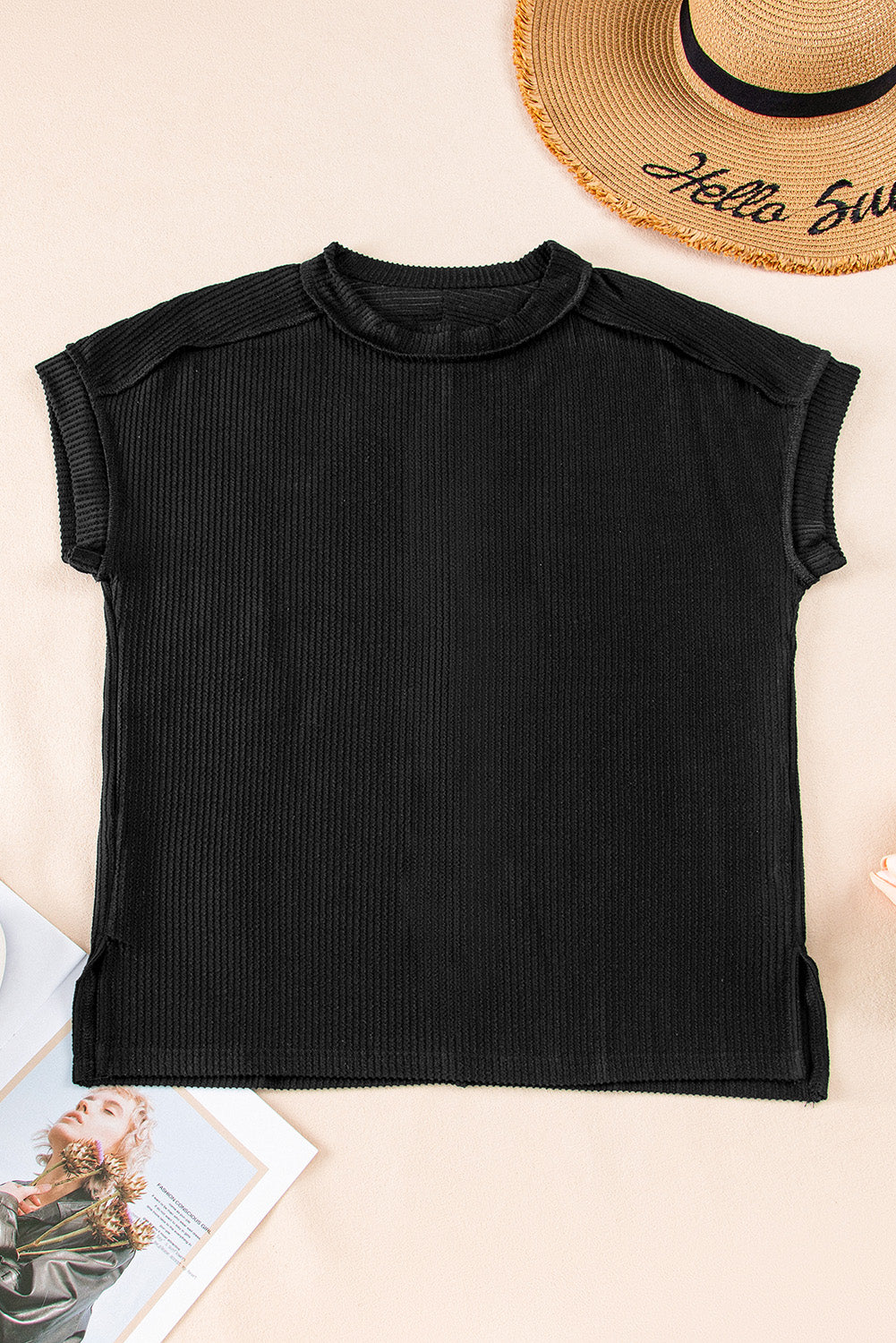 Black Textured Knit Exposed Stitching T-shirt - Scarlett's Riverside Boutique 