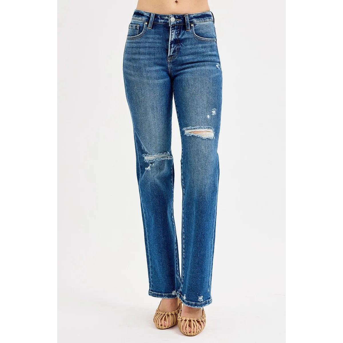 RISEN Full Size Tummy Control High Rise Straight Distressed Jeans