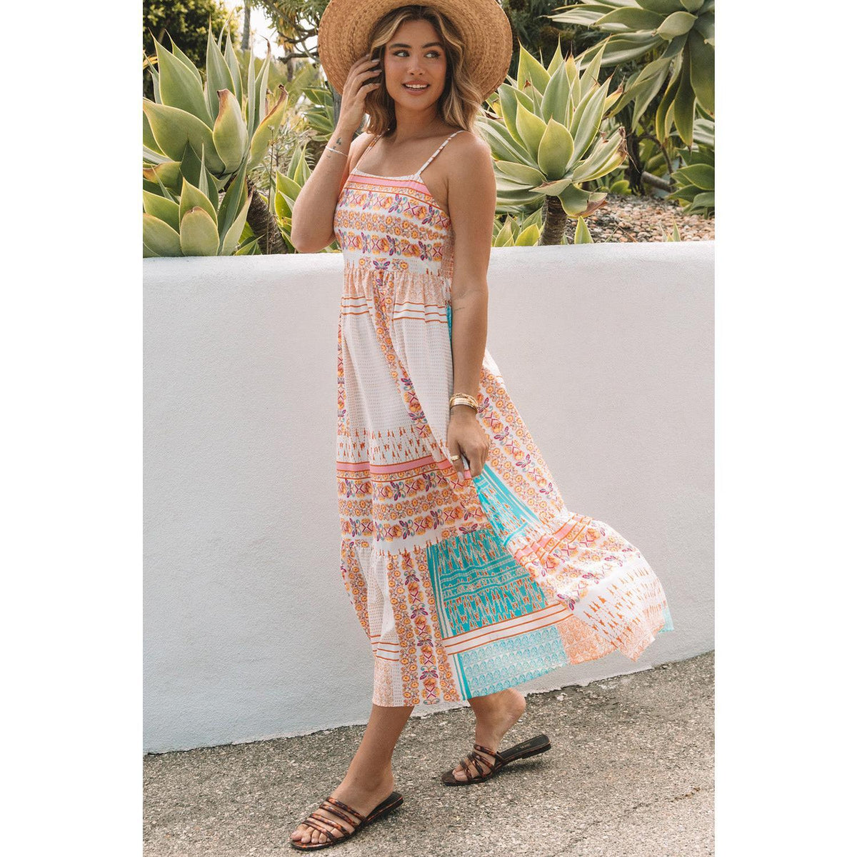 Multicolor Boho Patchwork Print Square Neck Sundress Bohemian Casual Maxi Spaghetti