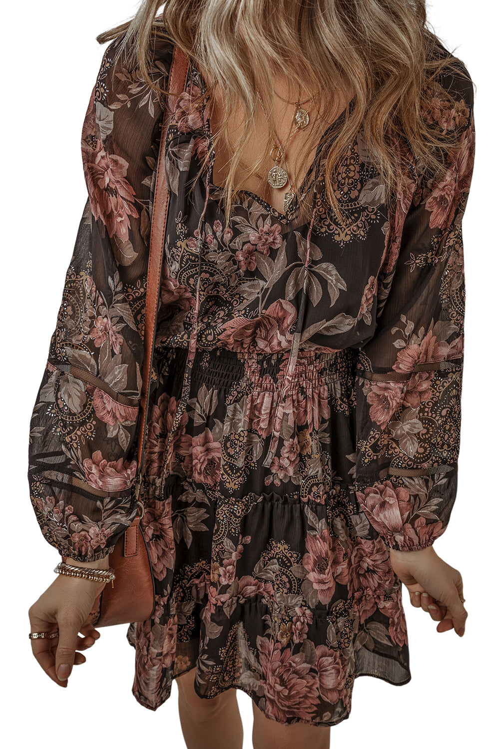 Black Vintage Floral Puff Sleeve V Neck Smock Waist Dress - Scarlett's Riverside Boutique 