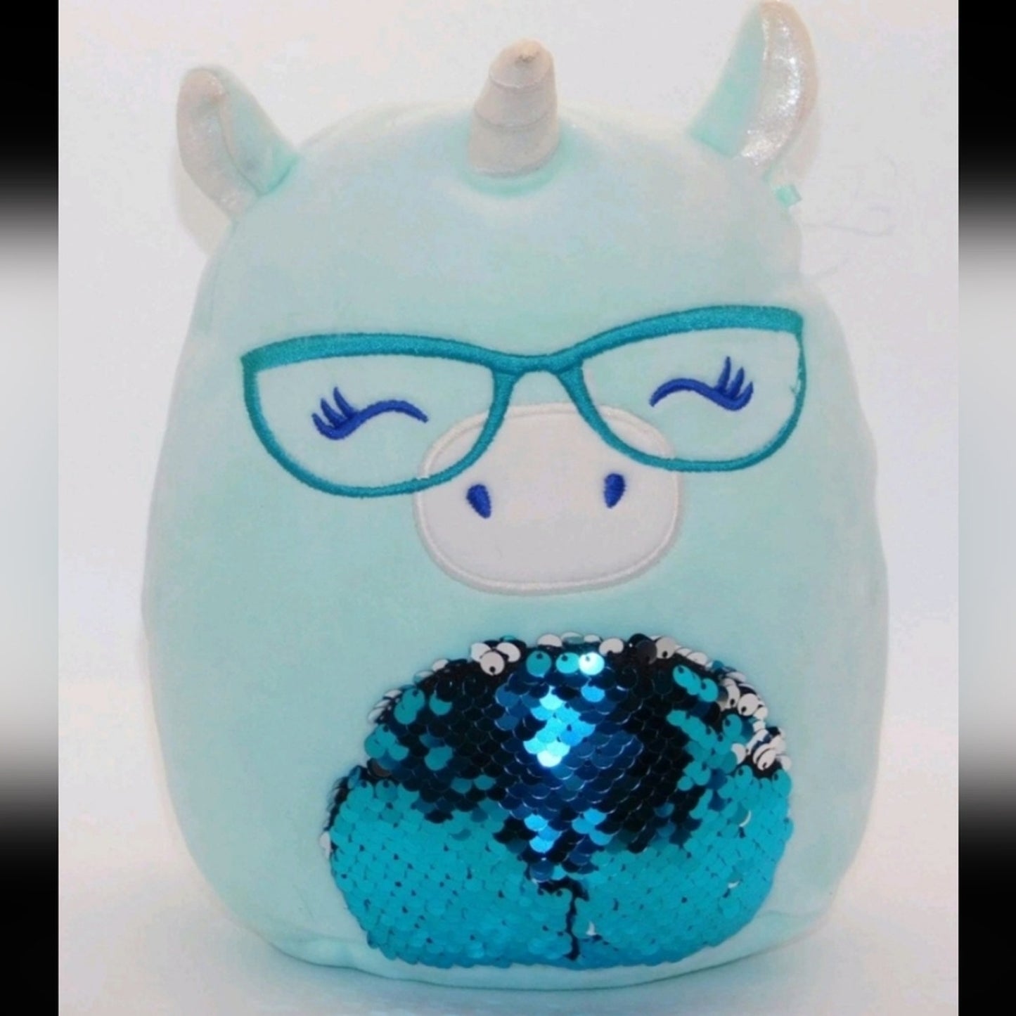 Squishmallows Unicorn Plush Aqua Blue Sequin Belly Glasses Stuffed Animal Cute K