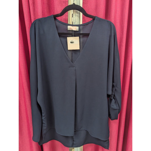 NWT C+M Navy Blue V Neck Blouse Size Large Long Sleeve Roll Tab Hi Low Hem Top