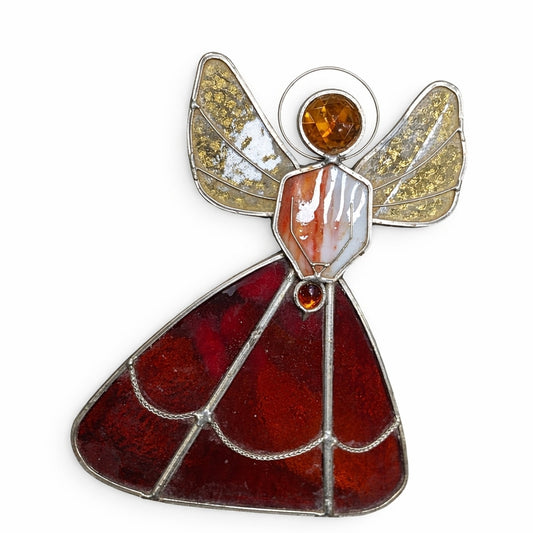 Vintage Stained Glass Angel Suncatcher Red Gold Grannycore Cottagecore Window