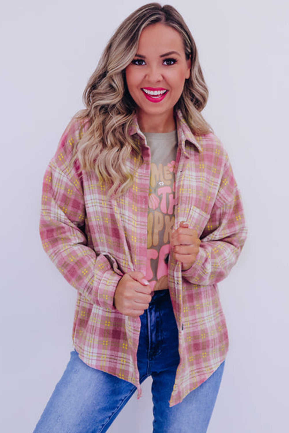 Pink Plaid Print Chest Pocket Long Sleeve Shacket - Scarlett's Riverside Boutique 