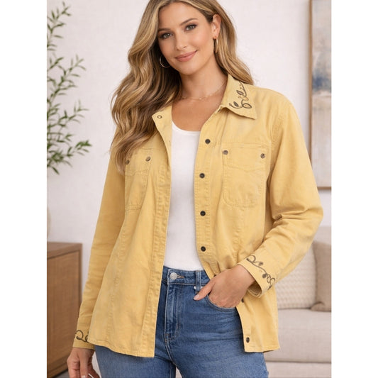 Liz Claiborne Yellow Button Front Shirt Jacket Embroidered Trim Utility Top Size