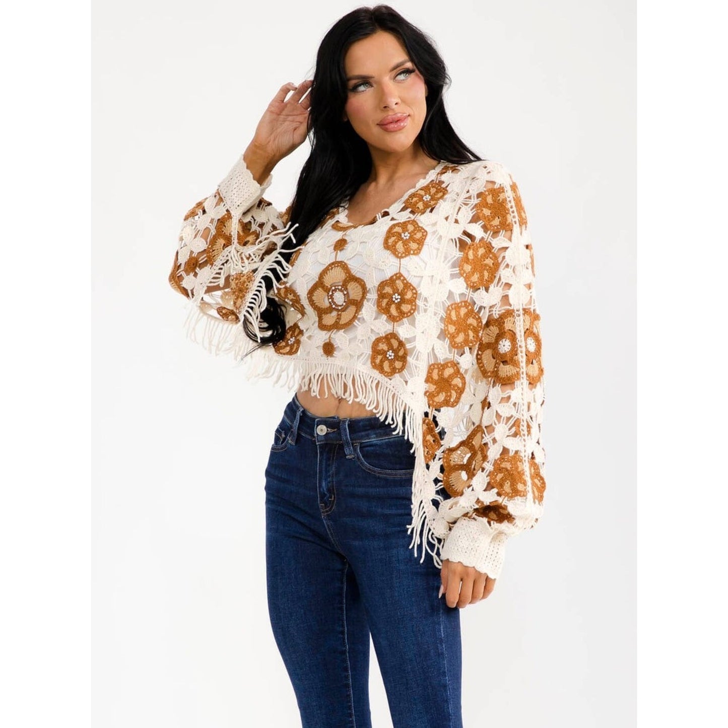 Boho Crochet Floral Fringe Crop Sweater Top Cream Brown Long Sleeve
