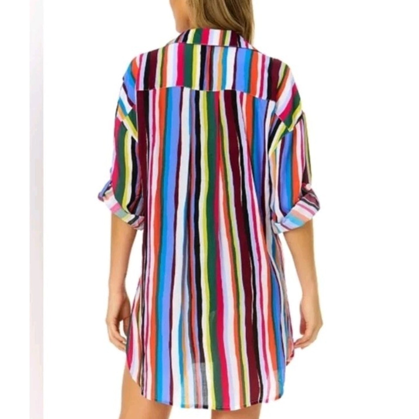 Anne Cole CoverUp Dress S M Colorful Striped Button Front Swim Coverup Tunic#G35