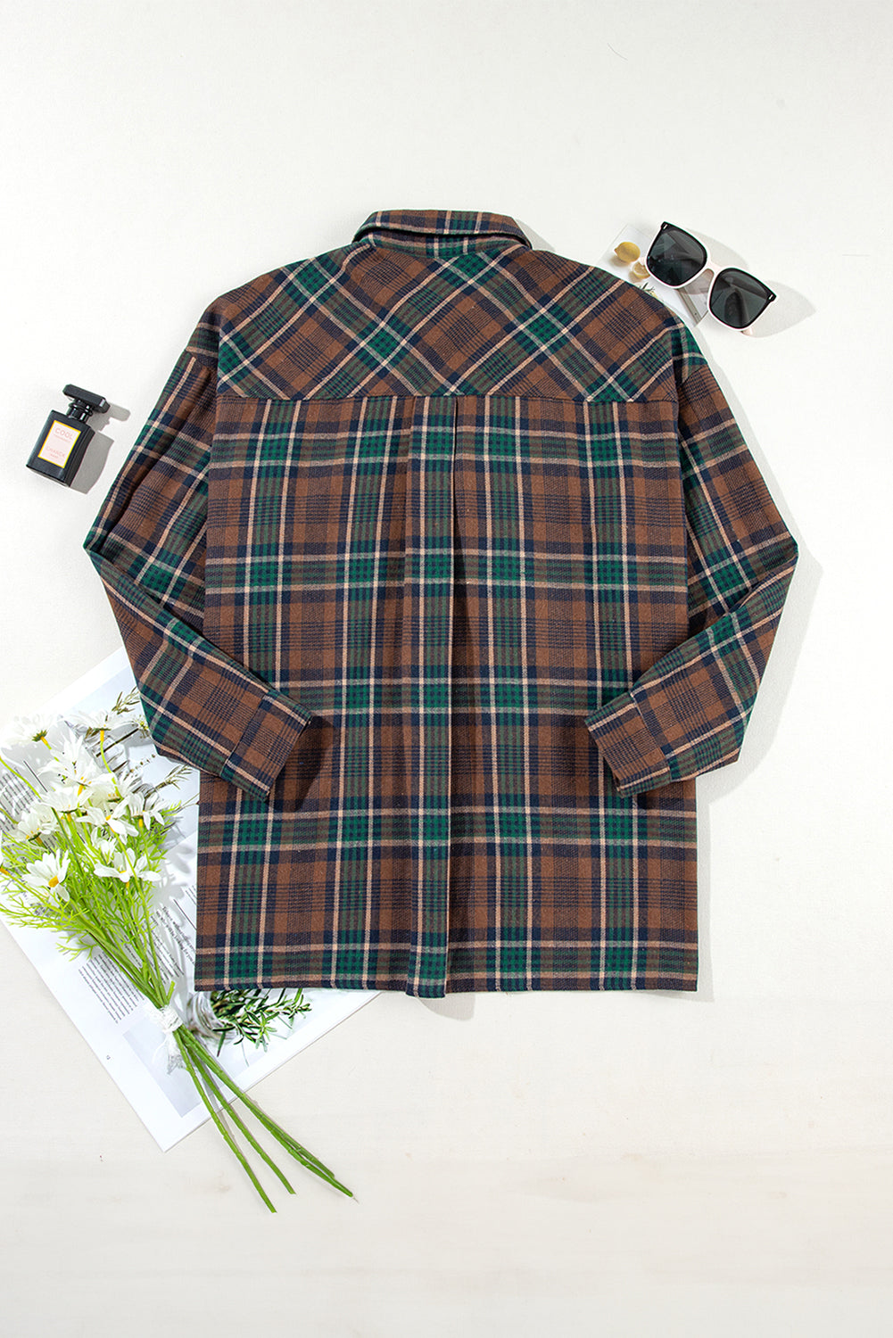 Brown Plaid Print Chest Pockets Buttoned Shirt Jacket - Scarlett's Riverside Boutique 