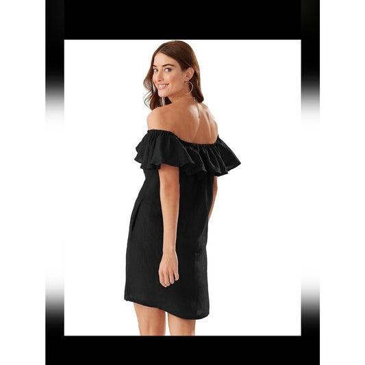 Tommy Bahama Womens L Black Linen Blend Off Shoulder Ruffle Dress Cover Up
