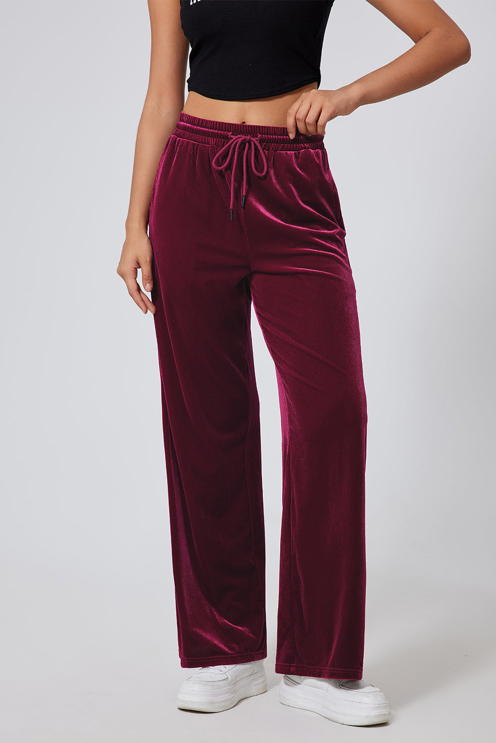 Burgundy Solid Drawstring Waist Wide Leg Pants - Scarlett's Riverside Boutique 