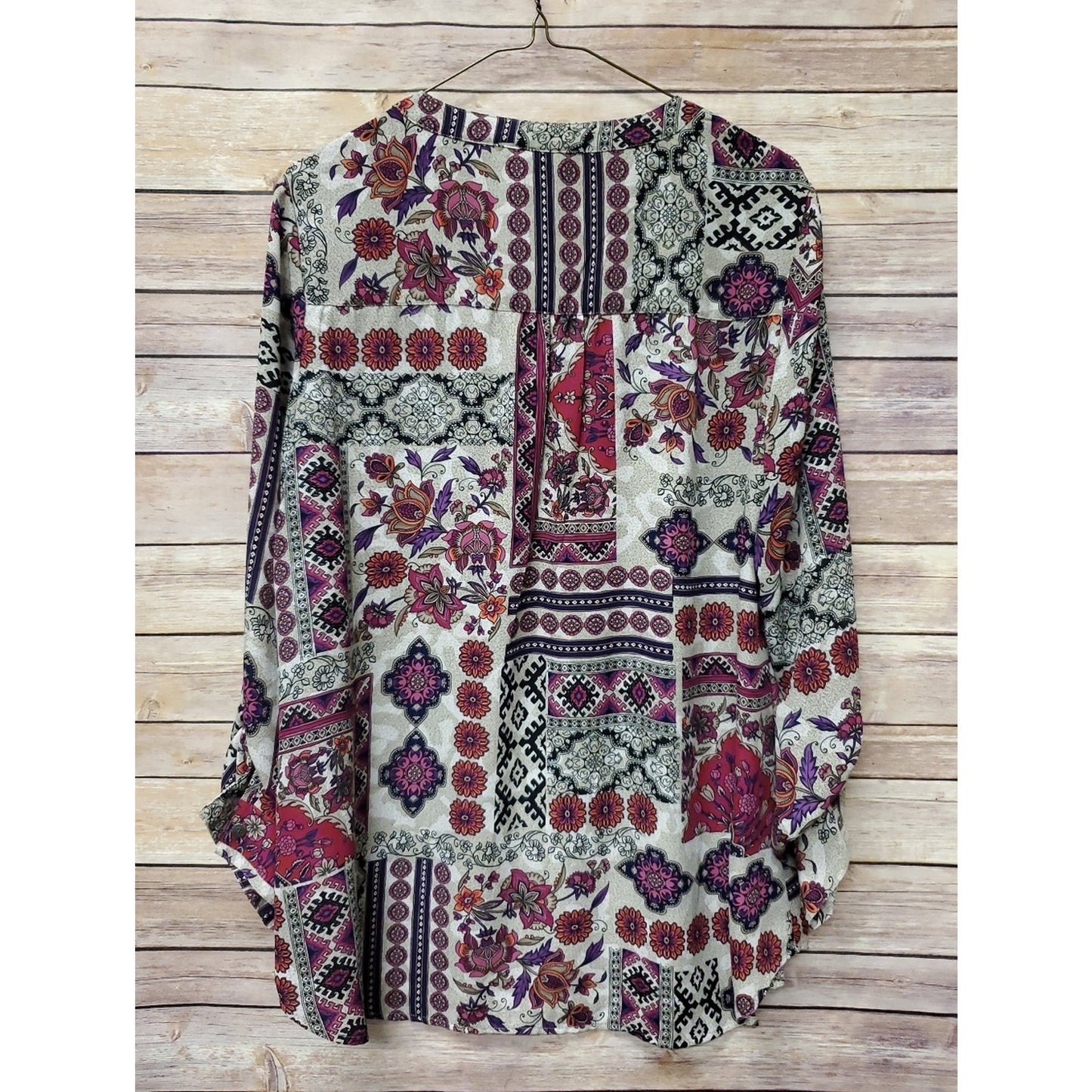 Westport Women’s Floral Boho Blouse Large White Purple Orange Patchwork Print Ba