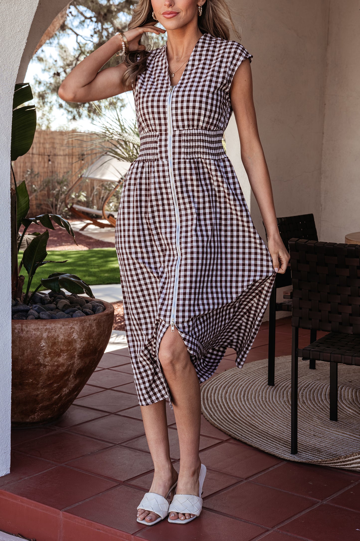 Brown Gingham Zip Front Midi Dress – Smocked Waist Sleeveless Plaid Summer Dress with Pockets