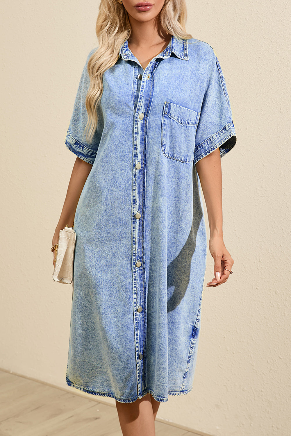 Light Blue Loose Medium Wash Short Sleeve Shirt Chambray Dress - Scarlett's Riverside Boutique 