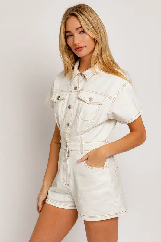 Short Sleeve Denim Romper - Scarlett's Riverside Boutique 