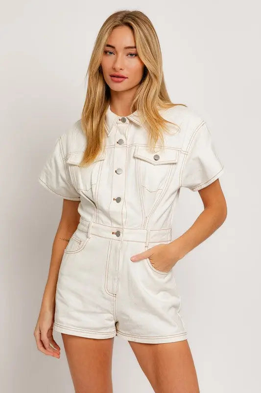 Short Sleeve Denim Romper - Scarlett's Riverside Boutique 