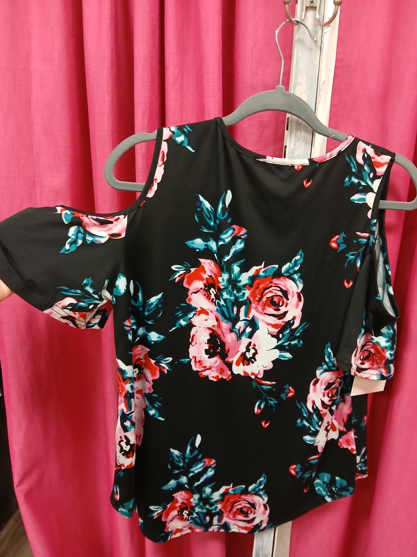 Black Floral Cold Shoulder Blouse - Scarlett's Riverside Boutique 