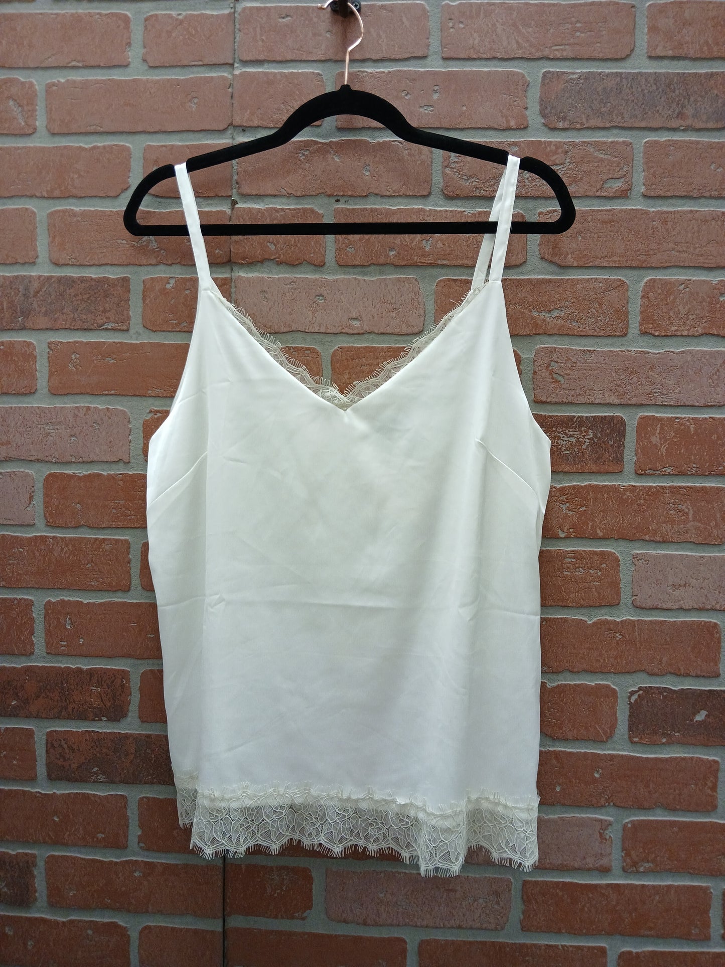 White Silk with Lace Trim Spaghetti Strap Blouse - Scarlett's Riverside Boutique 