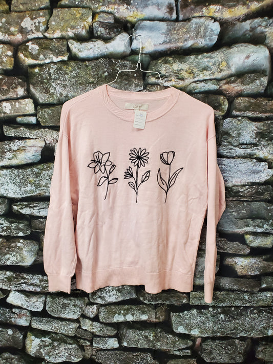 Loft. Pink Embroidered Floral Sweater. Size L. RS 29.