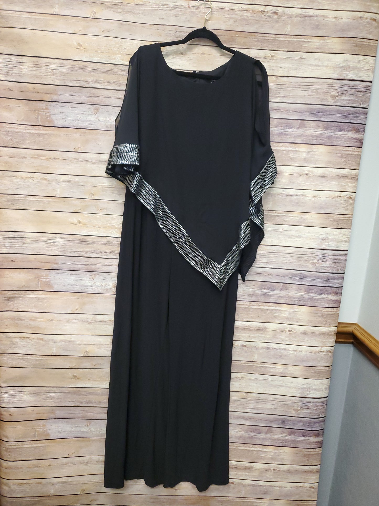 SLNY Black Jumpsuit w/ Silver Lined Cape. Size 14. RS 98