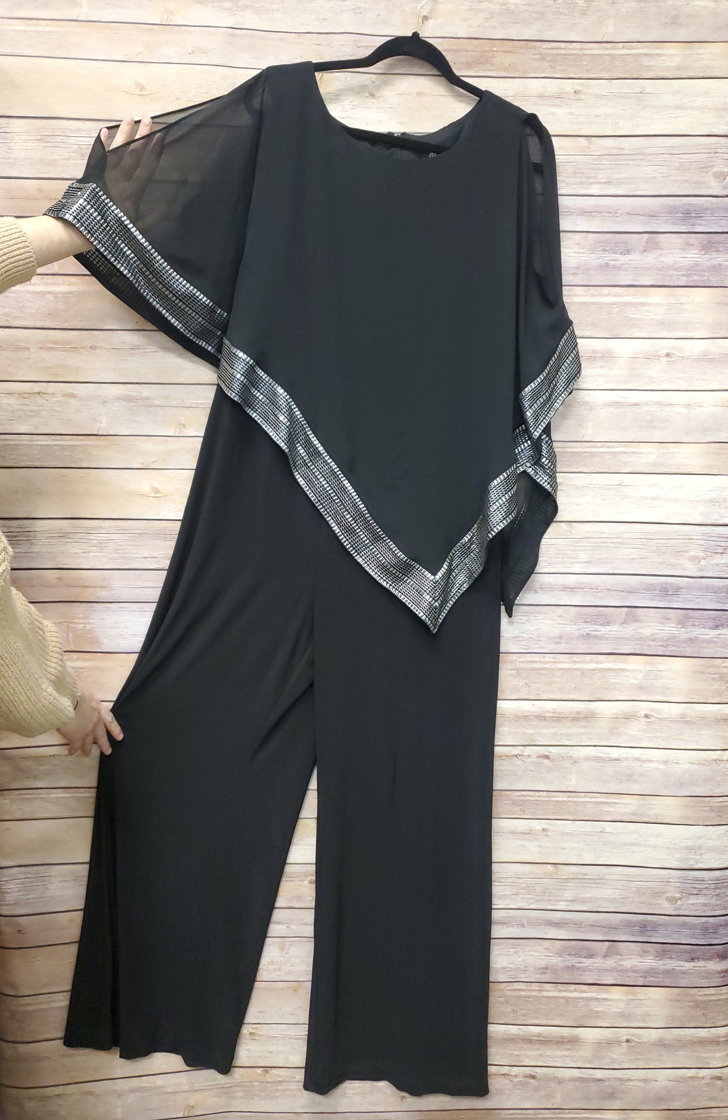 SLNY Black Jumpsuit w/ Silver Lined Cape. Size 14. RS 98