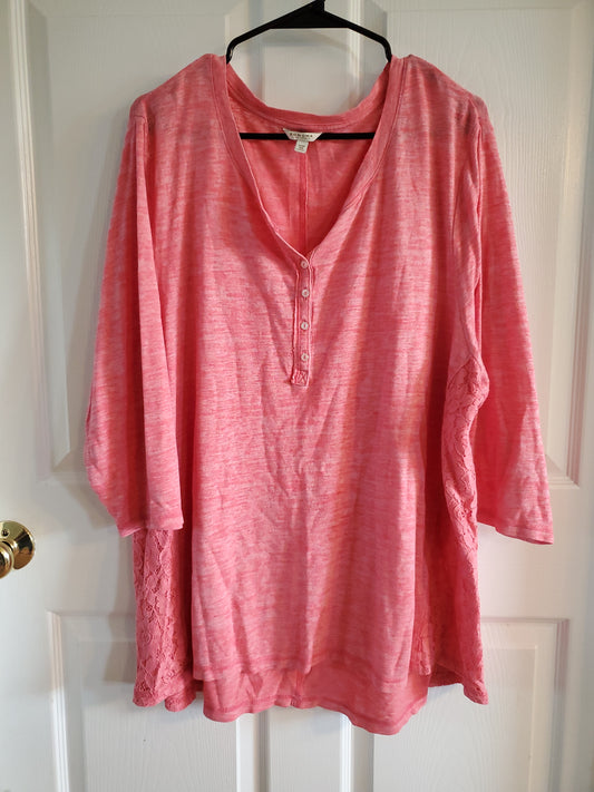 Sonoma Pink Lace 3/4 Sleeve Blouse. Size 3XL. #68