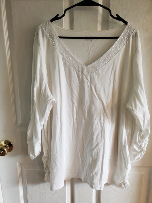 Basic Editions White 3/4 Sleeve Blouse w/ Sequin Neckline. Size 2XL. #68
