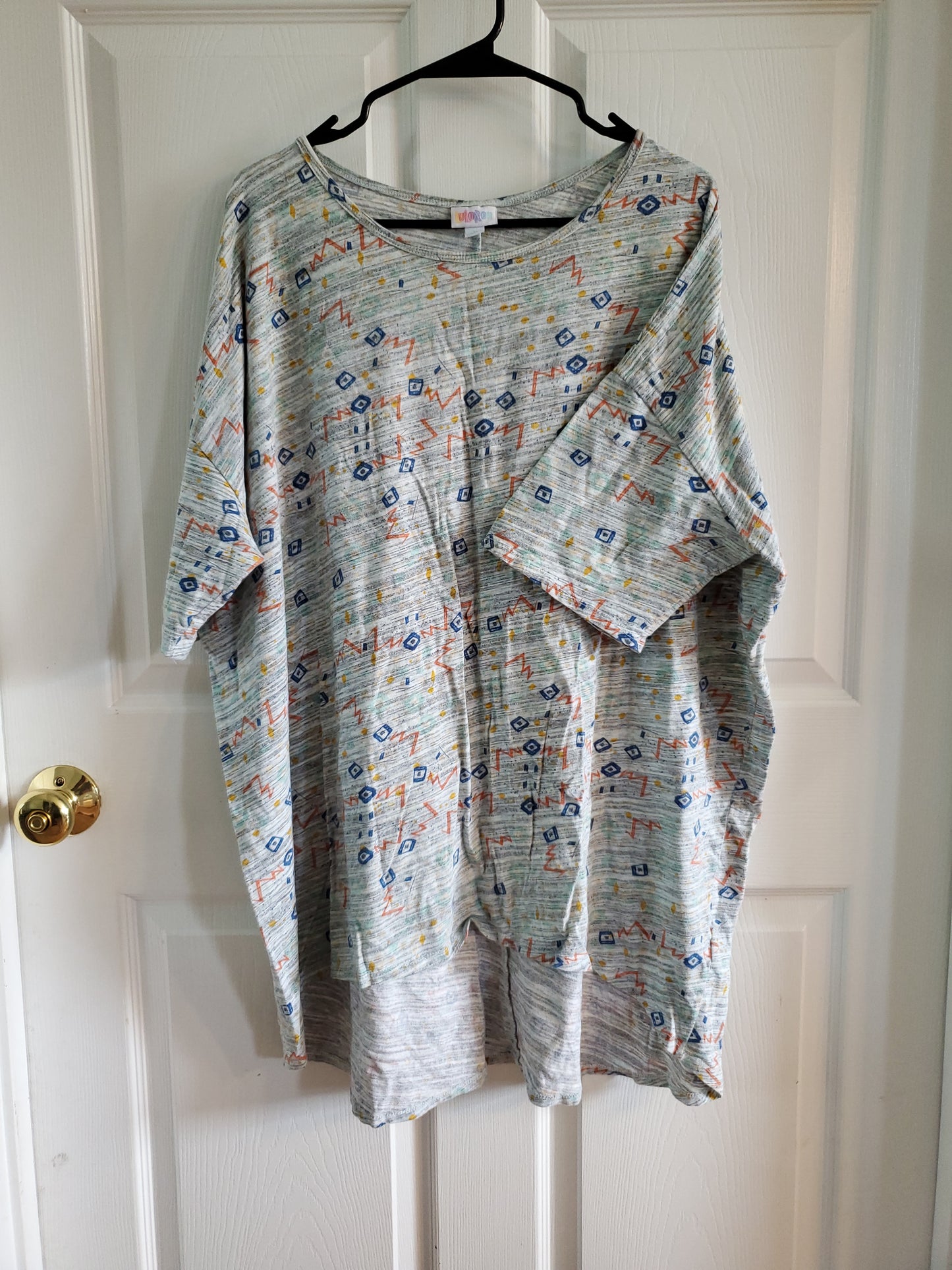 Lularoe Grey, Blue & Orange Design High-Low Blouse. Size 2XL. #68