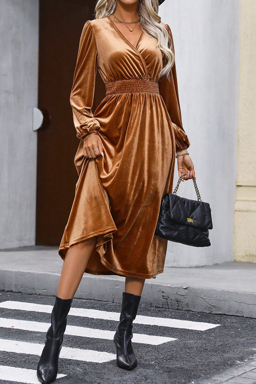 Camel Wrap V Neck Smocked High Waist Velvet Midi Dress - Scarlett's Riverside Boutique 