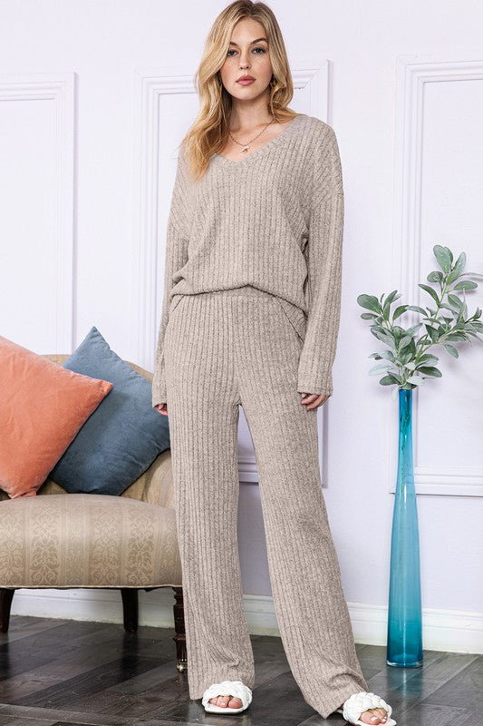 Slouchy Beige ribbed knit loungewear set - Scarlett's Riverside Boutique 