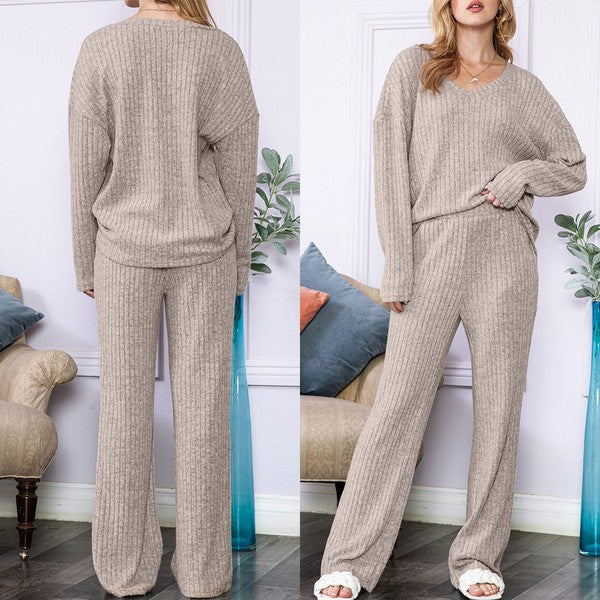 Slouchy Beige ribbed knit loungewear set - Scarlett's Riverside Boutique 