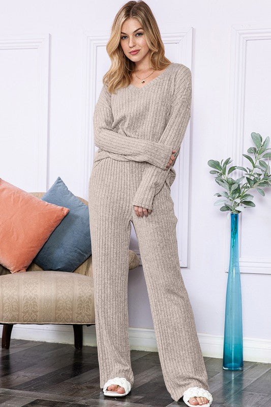 Slouchy Beige ribbed knit loungewear set - Scarlett's Riverside Boutique 