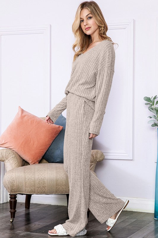 Slouchy Beige ribbed knit loungewear set - Scarlett's Riverside Boutique 