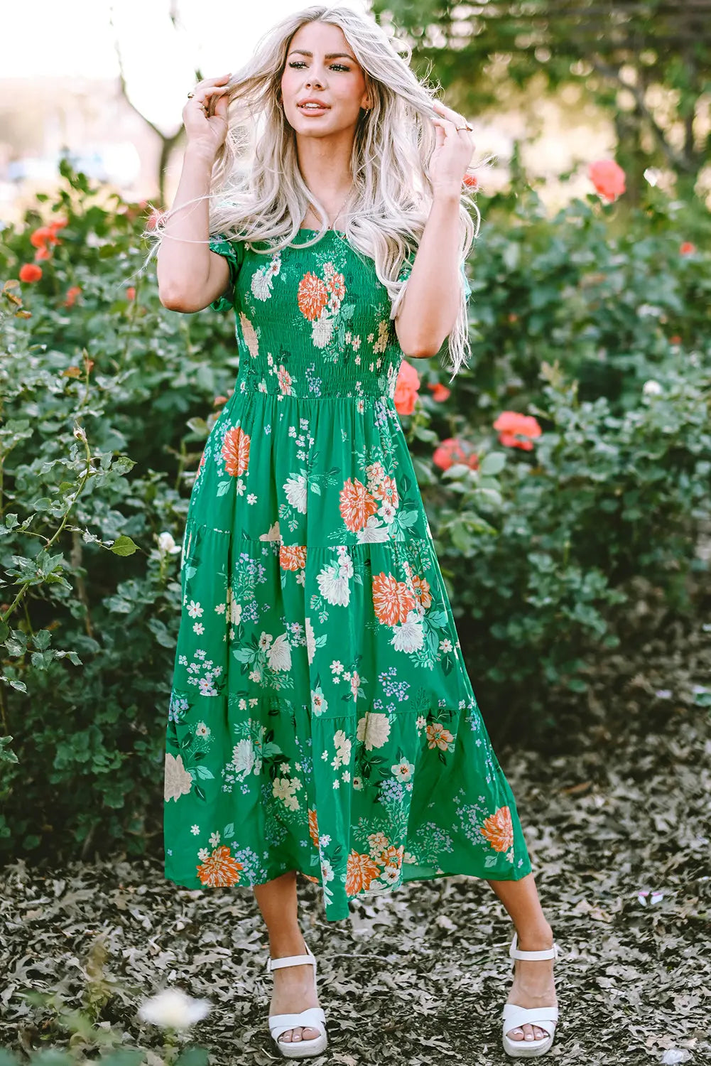 Green Floral Print Bubble Sleeve Smocked Tiered Midi Dress - Scarlett's Riverside Boutique 