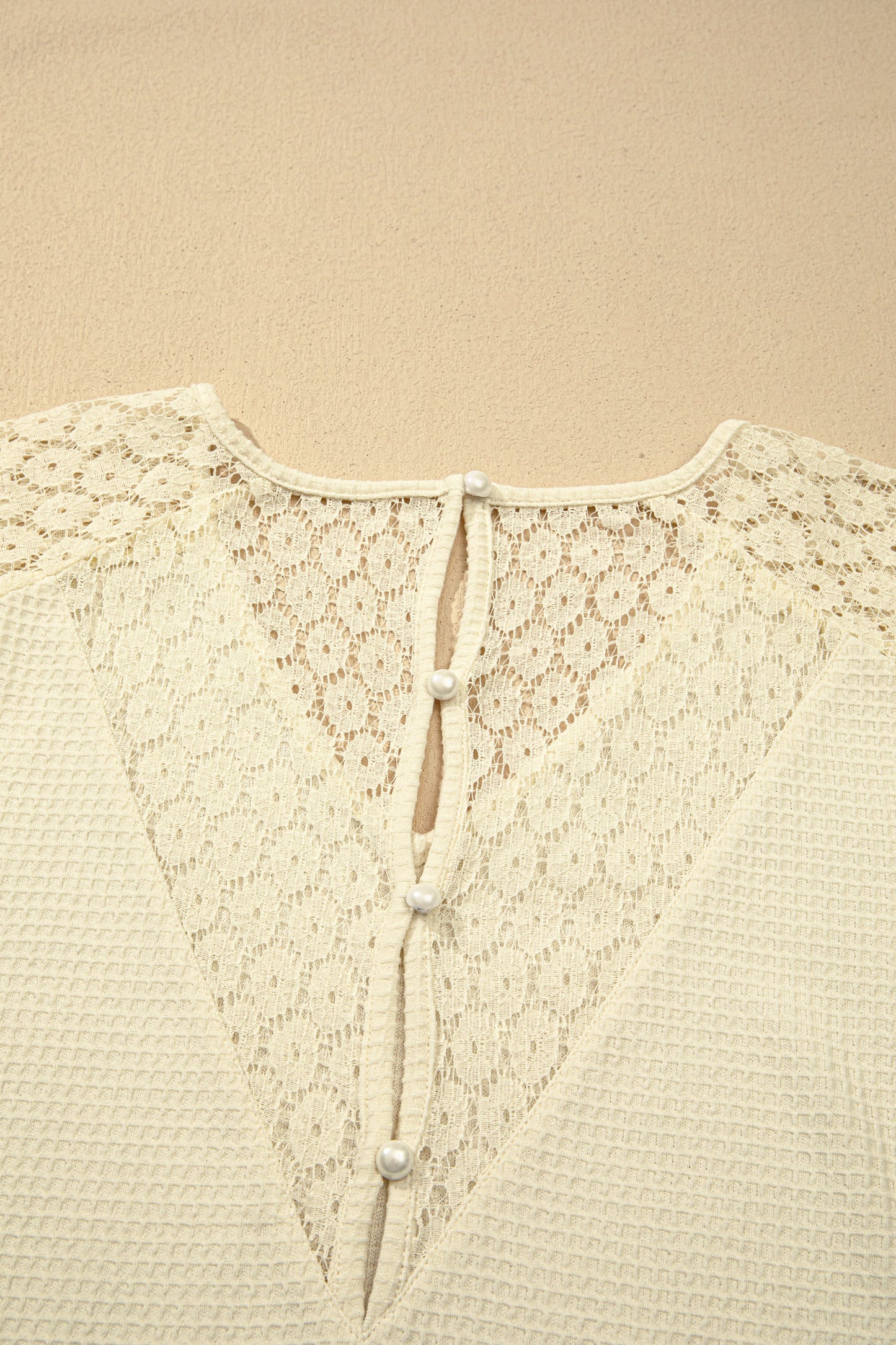 Beige Lace Splicing Button Cutout V Neck Waffle Knit Blouse