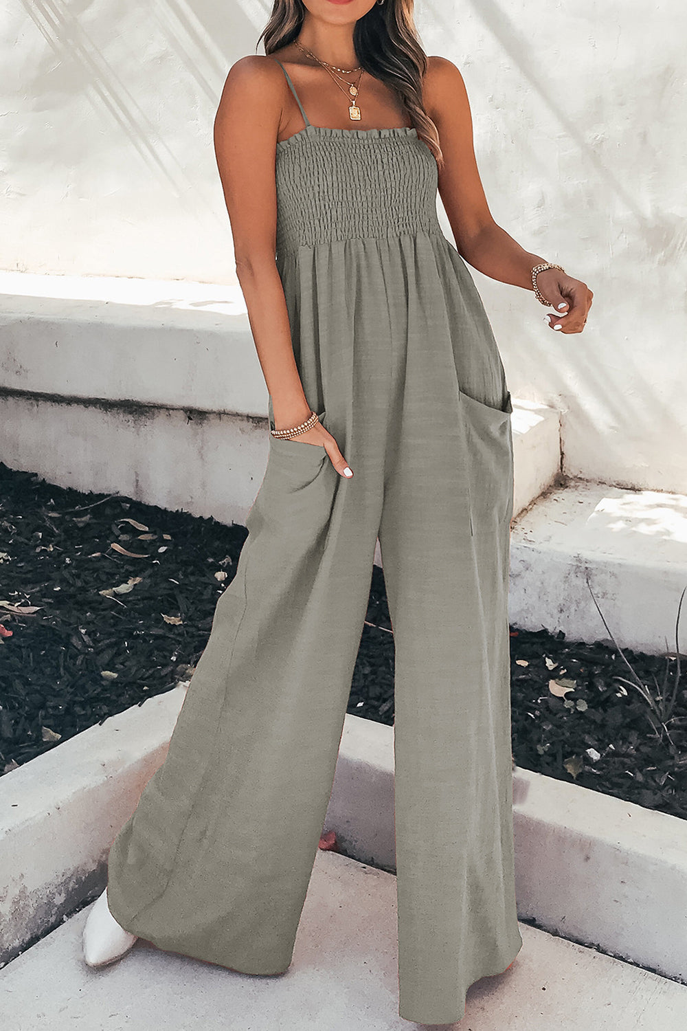 Smocked Spaghetti Strap Wide Leg Jumpsuit - Scarlett's Riverside Boutique 