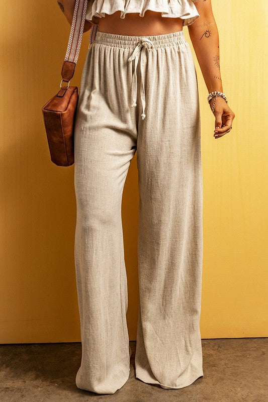 Beige Viscose Linen floor length wide leg pants - Scarlett's Riverside Boutique 