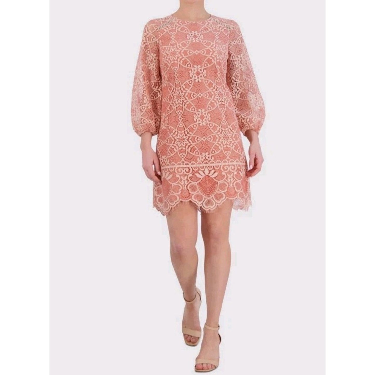 Vince Camuto Lace Shift Dress Size 8 Pink Blush Long Sleeve Boho Chic #G54