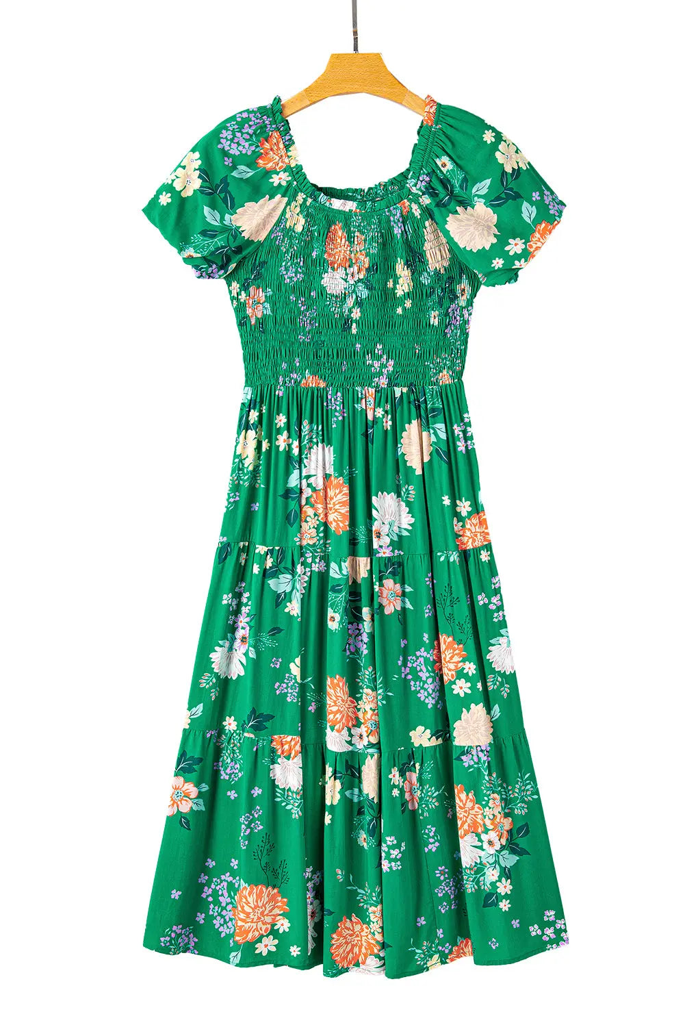 Green Floral Print Bubble Sleeve Smocked Tiered Midi Dress - Scarlett's Riverside Boutique 