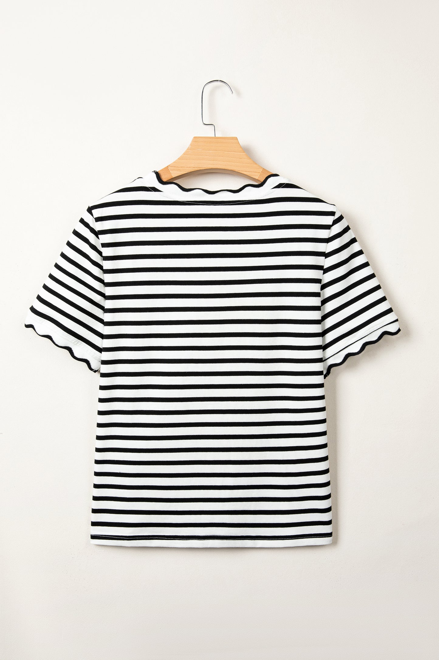Red Stripe Scalloped Trim Round Neck T Shirt