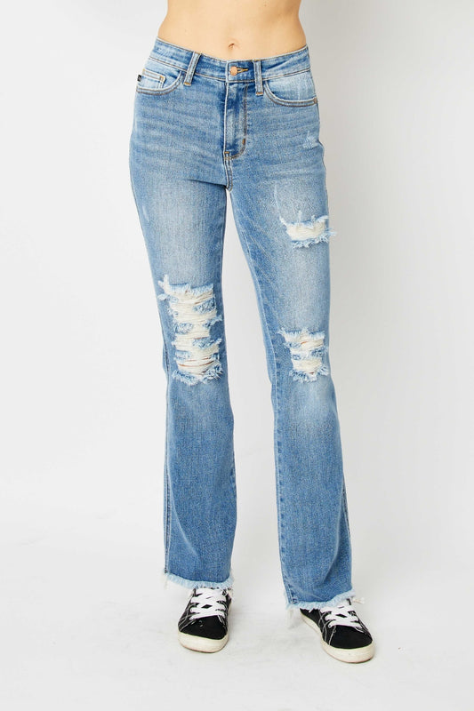 Judy Blue Full Size Distressed Raw Hem Bootcut Jeans - Scarlett's Riverside Boutique 