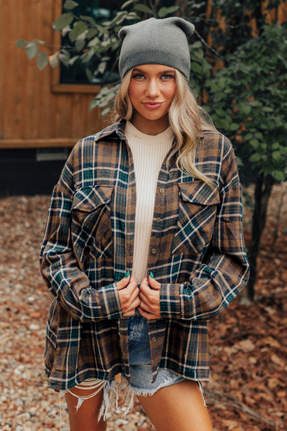 Brown Plaid Print Chest Pockets Buttoned Shirt Jacket - Scarlett's Riverside Boutique 