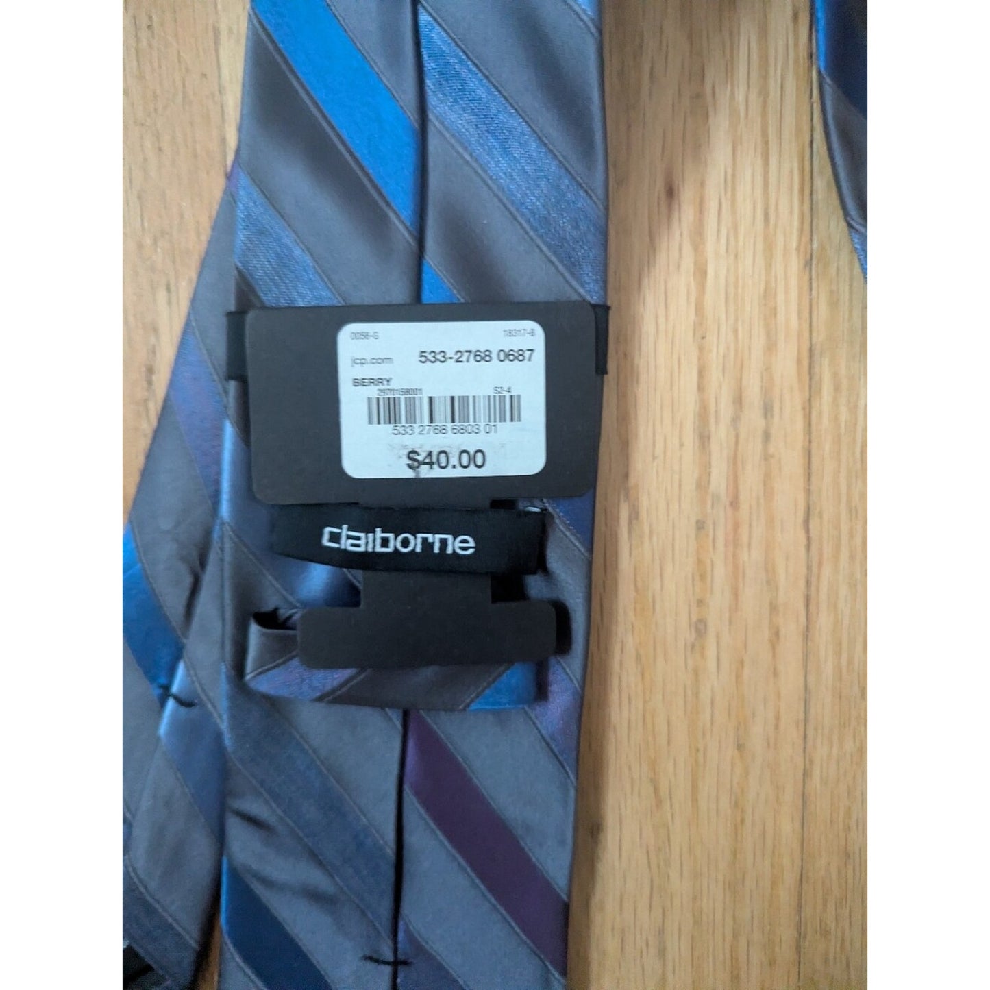 Claiborne Men’s 100% Silk Tie Gray Blue Purple Striped Necktie NWT $40 MSRP