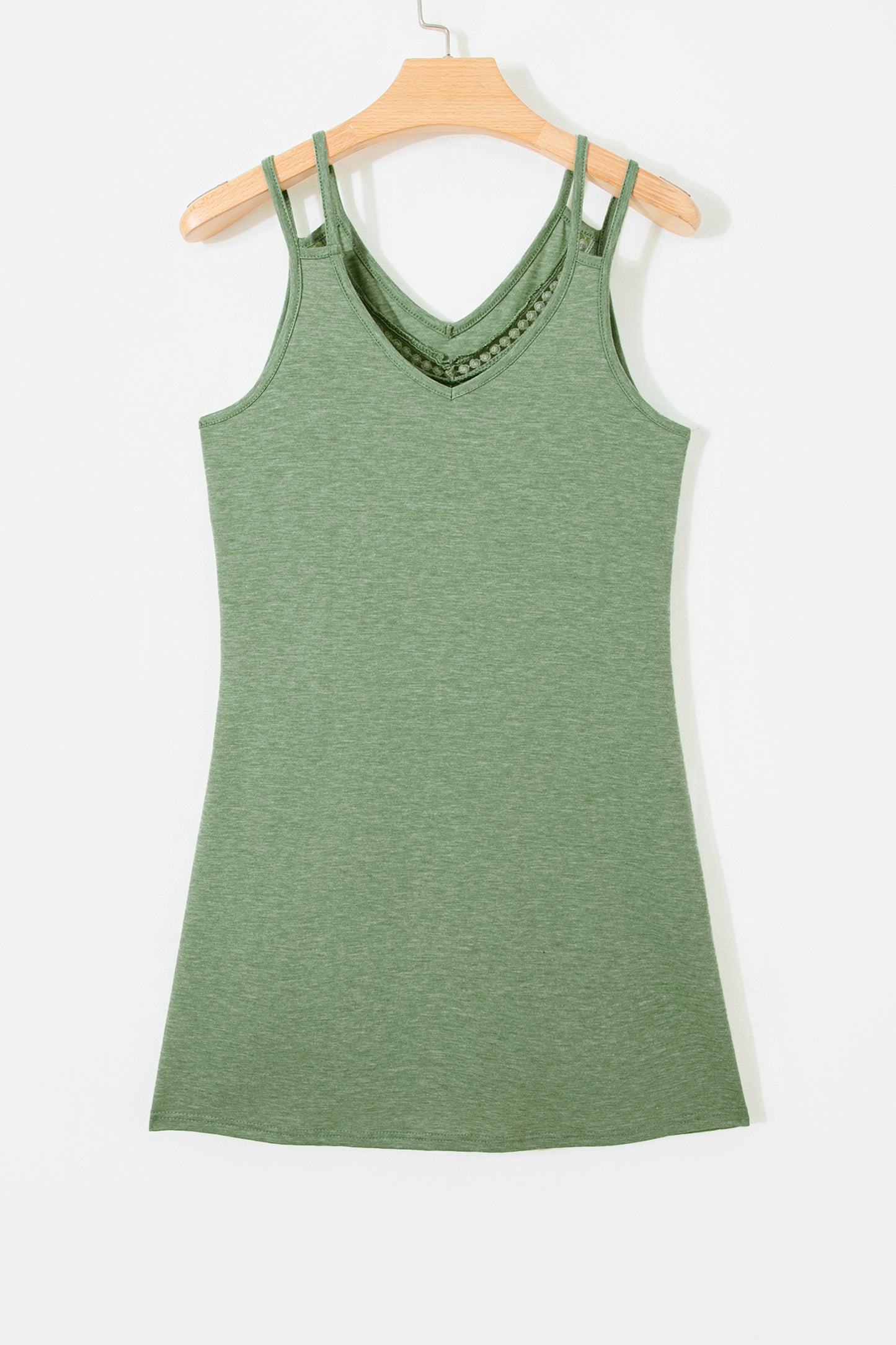 Grass Green Solid Color Lace Detail V Neck Sleeveless Shift Mini Dress