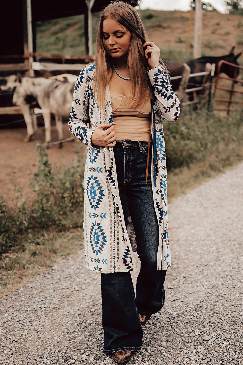 Sky Blue Western Aztec Printed Open Front Long Cardigan - Scarlett's Riverside Boutique 