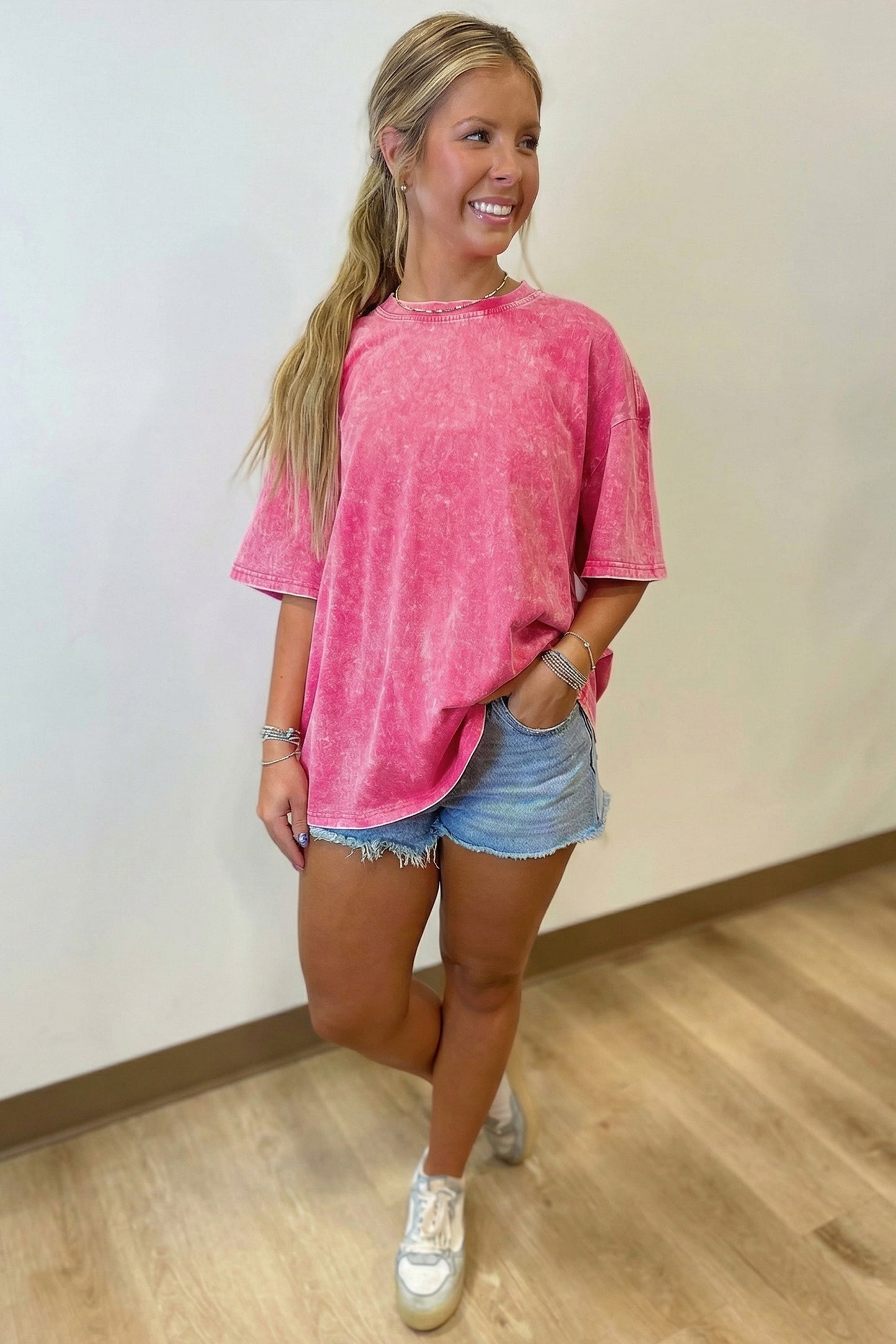 Sachet Pink Mineral Washed Oversized Cotton Tee Womens Casual Short Sleeve Relaxed Top