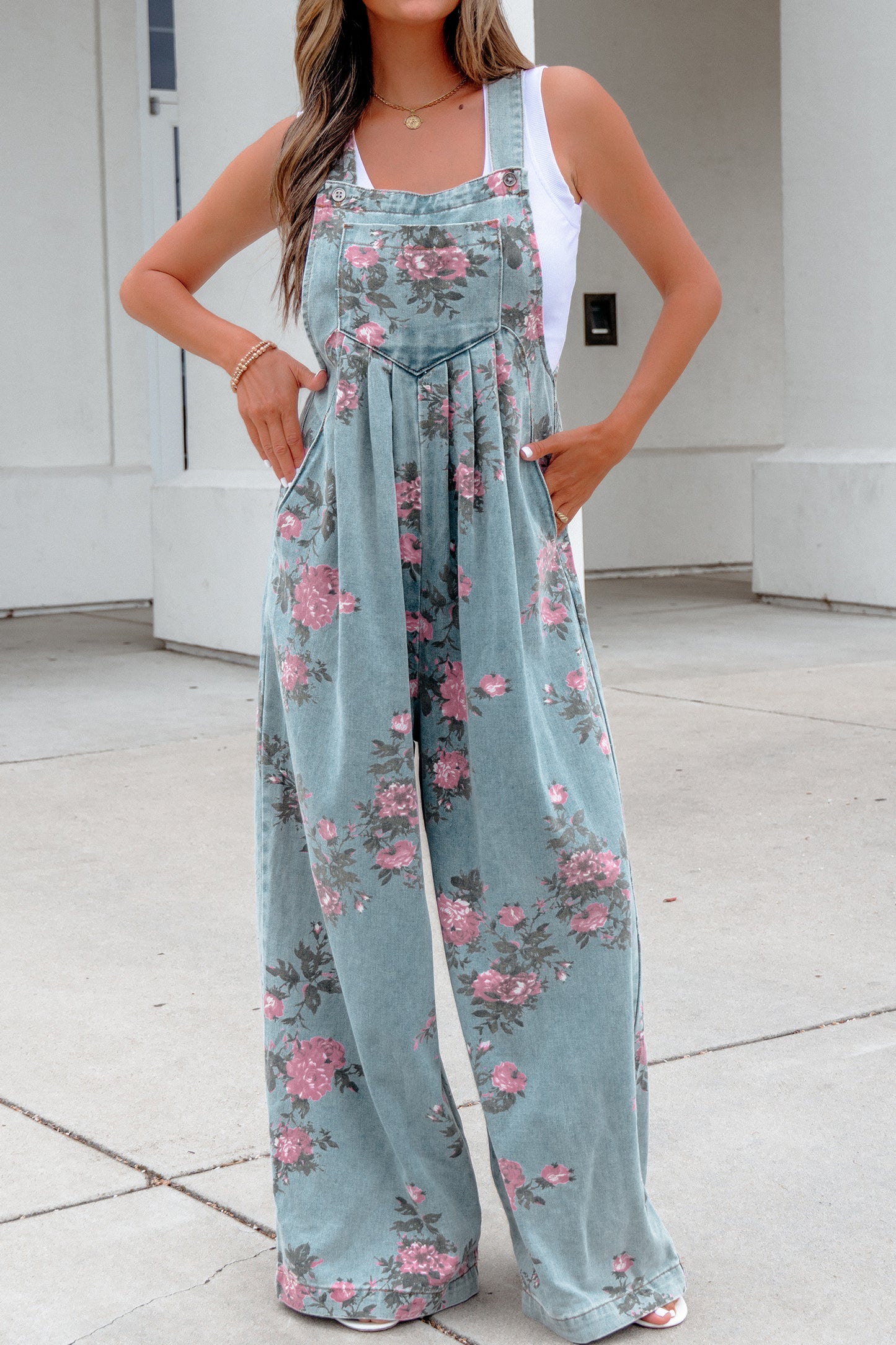 Beau Blue Floral Denim Jumpsuit Wide Leg Pleated Sleeveless Boho Overalls