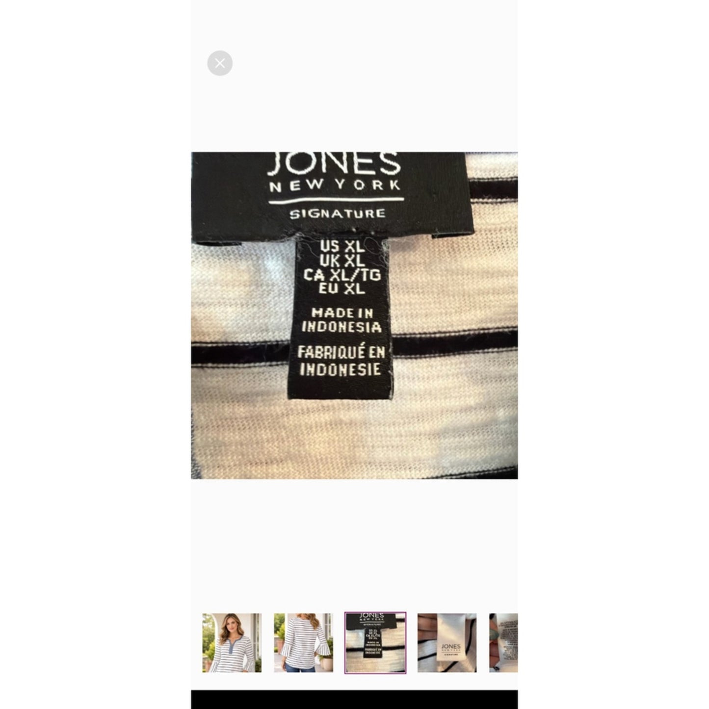 Jones New York Signature XL Striped Bell Sleeve Zip Neck Top White Black