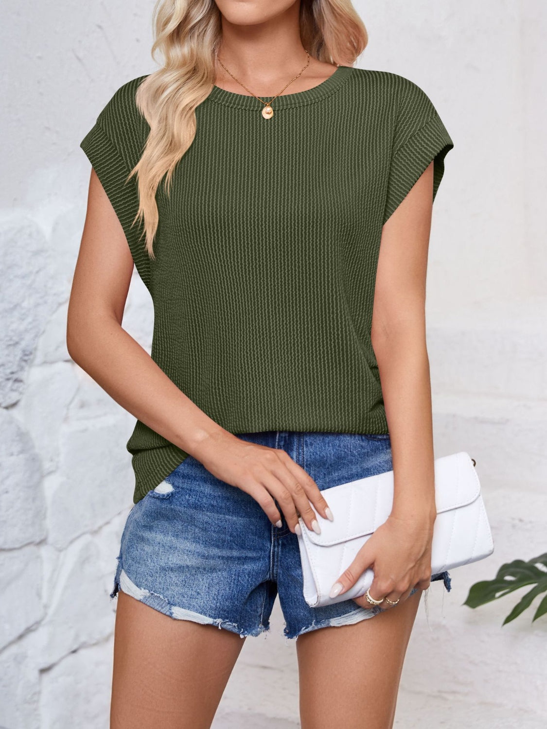 Textured Round Neck Cap Sleeve Blouse - Scarlett's Riverside Boutique 