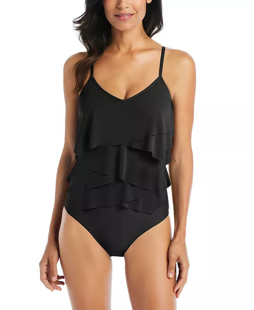 BEYOND CONTROL Women's Solid Citizen Tiered One-Piece Swimsuit Sz 6. #A40