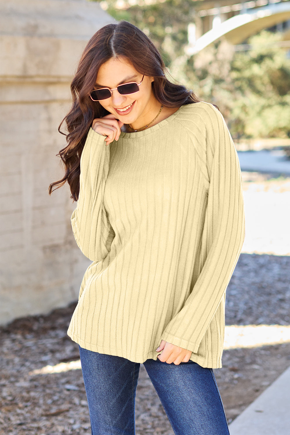 Basic Bae Full Size Ribbed Round Neck Long Sleeve Knit Top - Scarlett's Riverside Boutique 